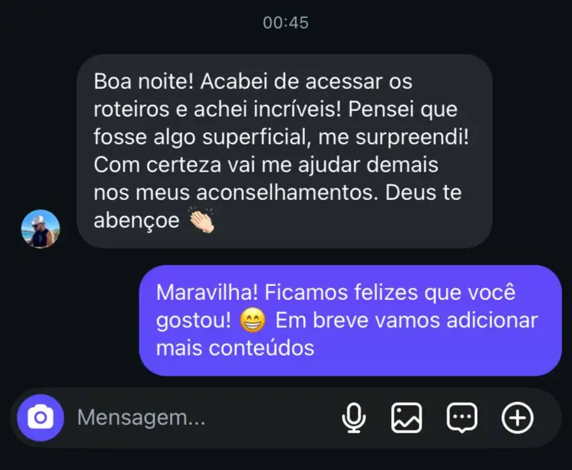 Print de conversa: leitor elogia os roteiros