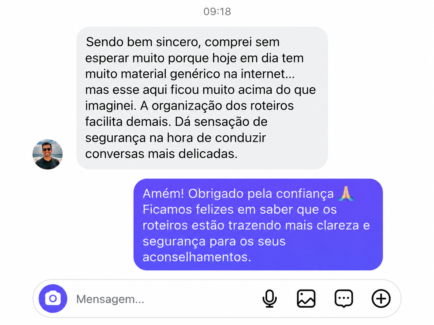 Print de conversa: leitor aprova a organização dos roteiros